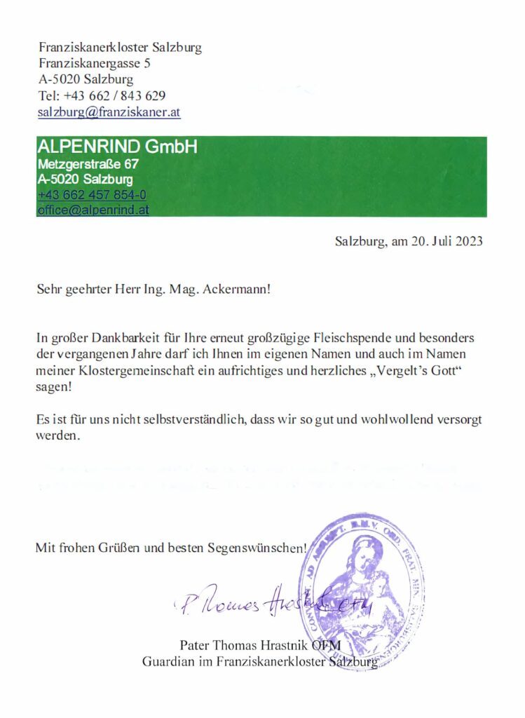 Dankesbrief der Wärmestube Salzburg über die Fleischspende.
